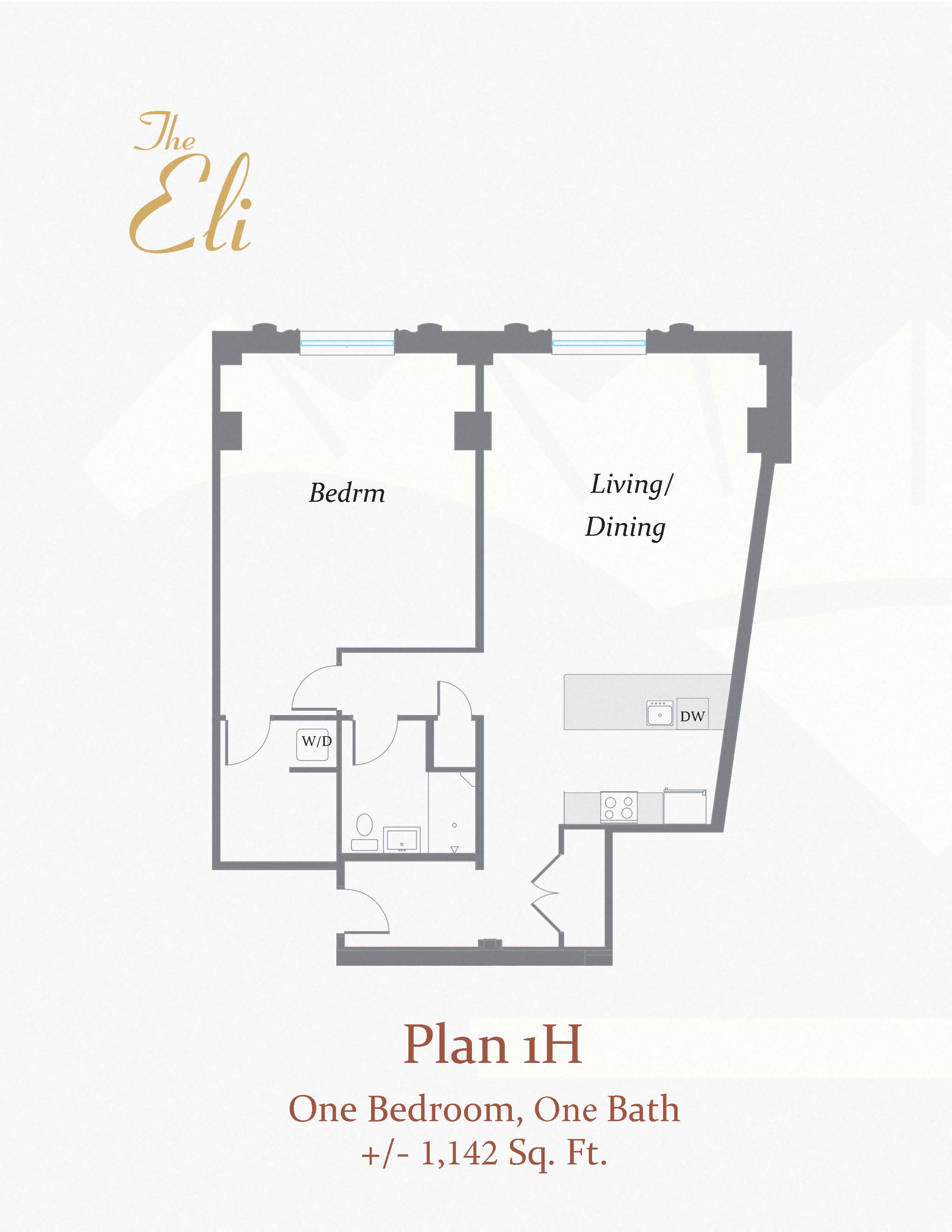 Floor plan for 1 bed, 1 bath, 1142 sqft